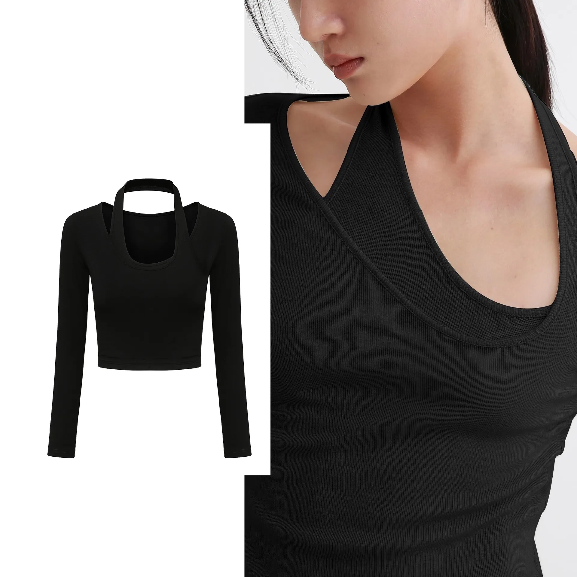 Women's Knits t-shirt short black long-sleeved autumn winter bottoming Tees double collar hanging neck slim-fit beam waist tshirt Asymmetrical high stretch tops