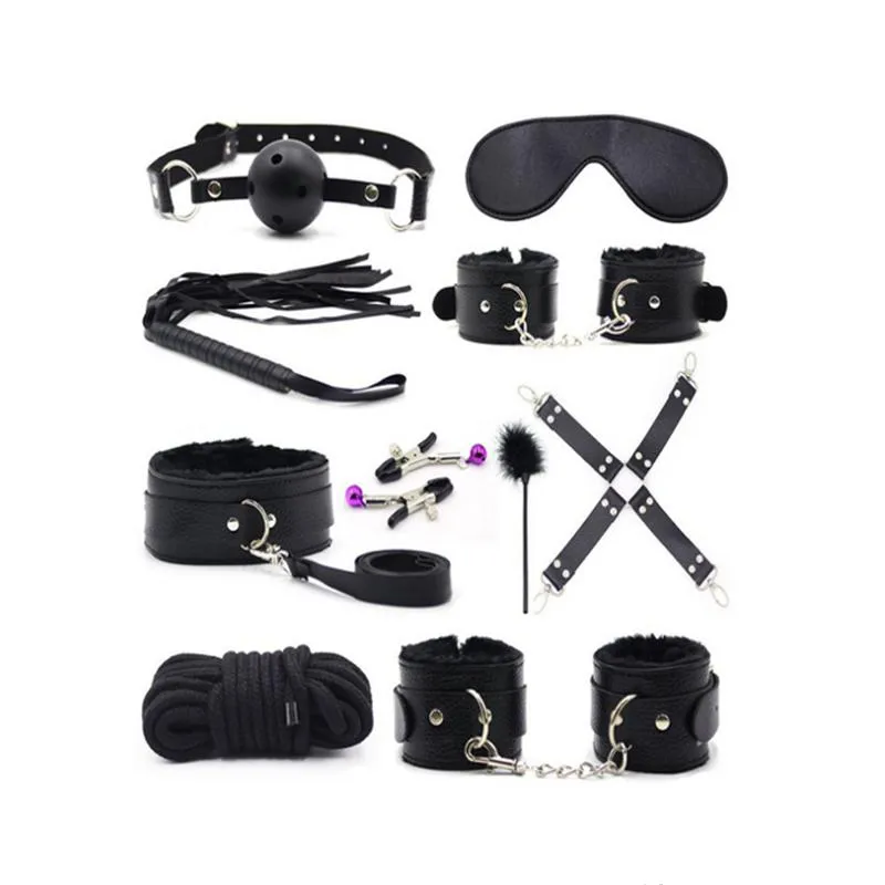 10 Pz/set prodotti sexy Cuoio DELL'UNITÀ di elaborazione BDSM Bondage Set Manette Manette Frusta Corda Benda Giocattoli Erotici Per Le Coppie