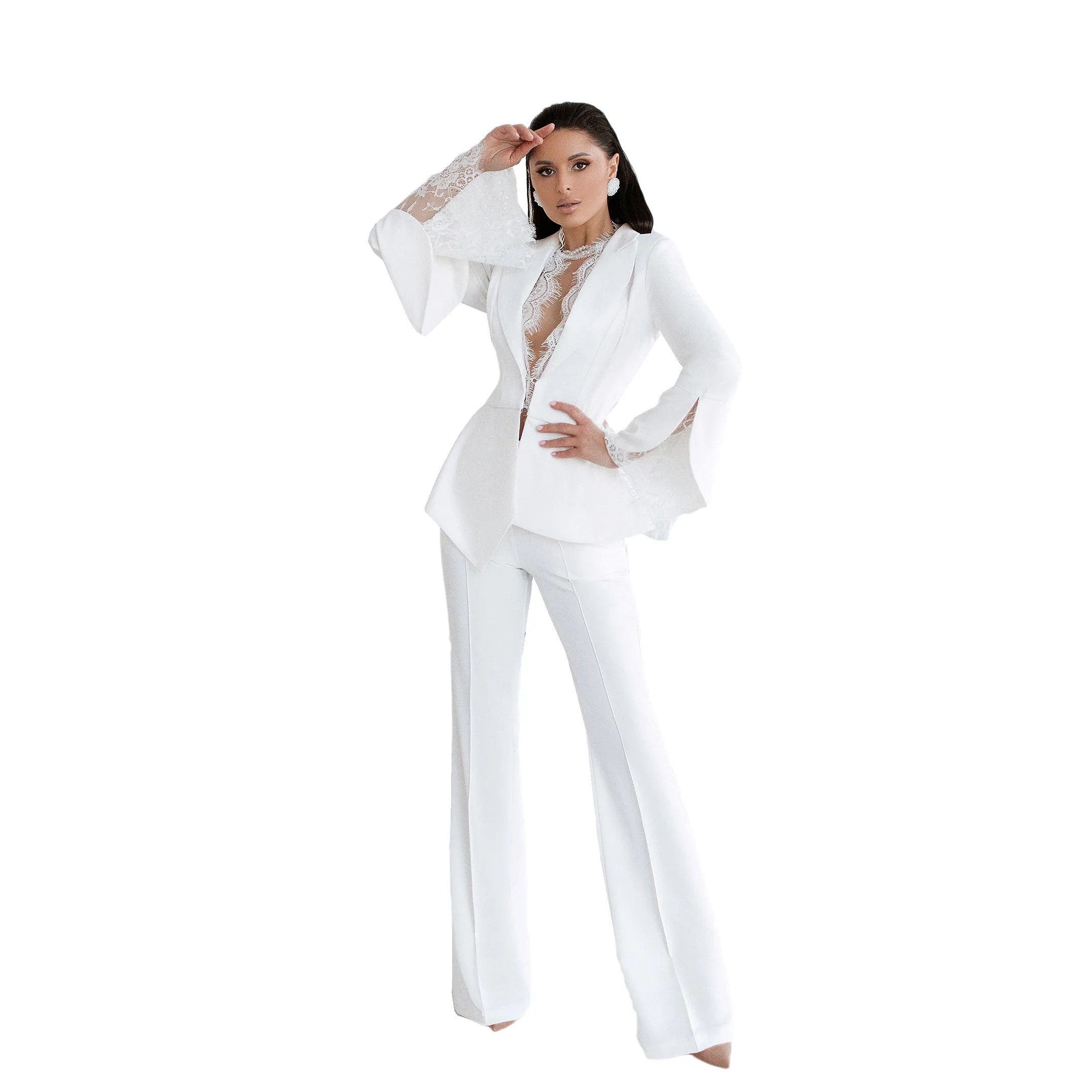 Costume De Smoking De Mariage En Dentelle Blanche Pour Femmes