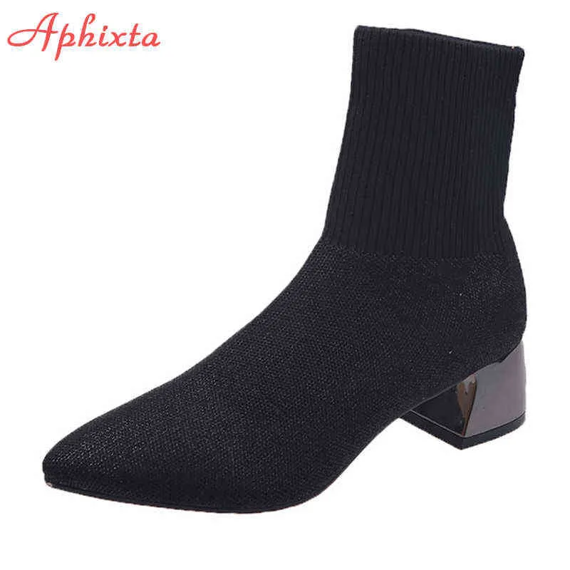 Aphixta 2022 New Bling Women Sock Boots Square Heels Stretch Pointed Toe Fashion Knitted Short Ankle Boots Footwears Y220729