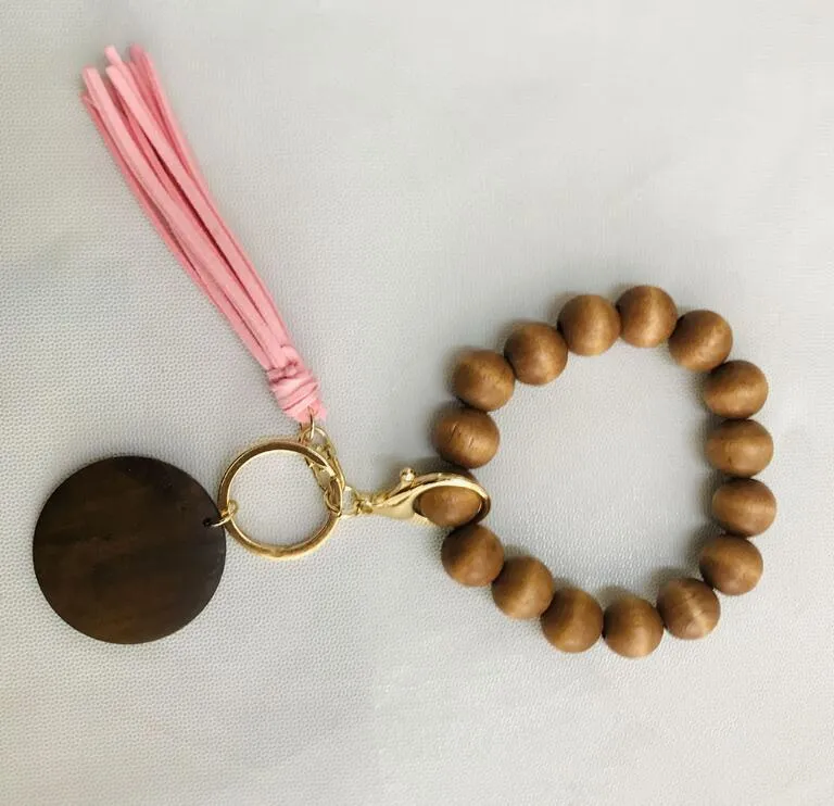 Wooden Bracelet Keychain with Tassels Key DIY Wood Fiber Pandent Bead Bangle Keyrings Fashion Accessories