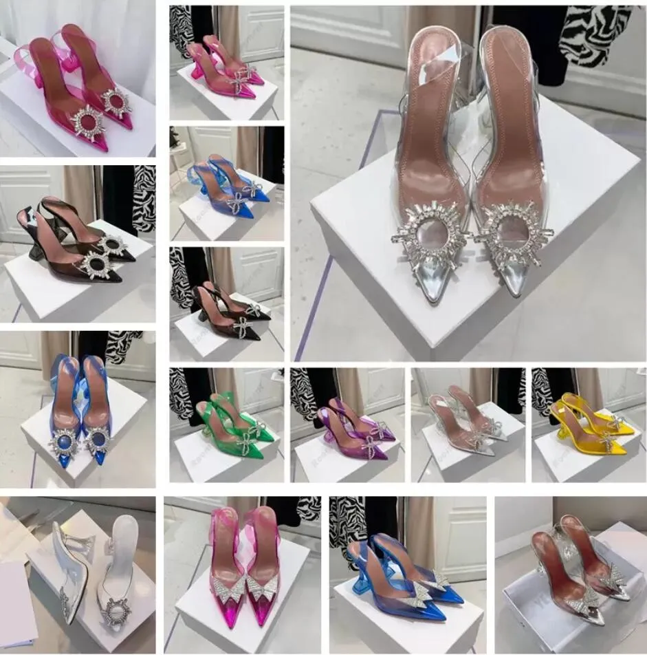 Dress Sandals 7cm 10cm Begum Bowknot Butterfly Bombas PVC Saltos altos Sandálias de diamante transparente de shinestone Toe fino