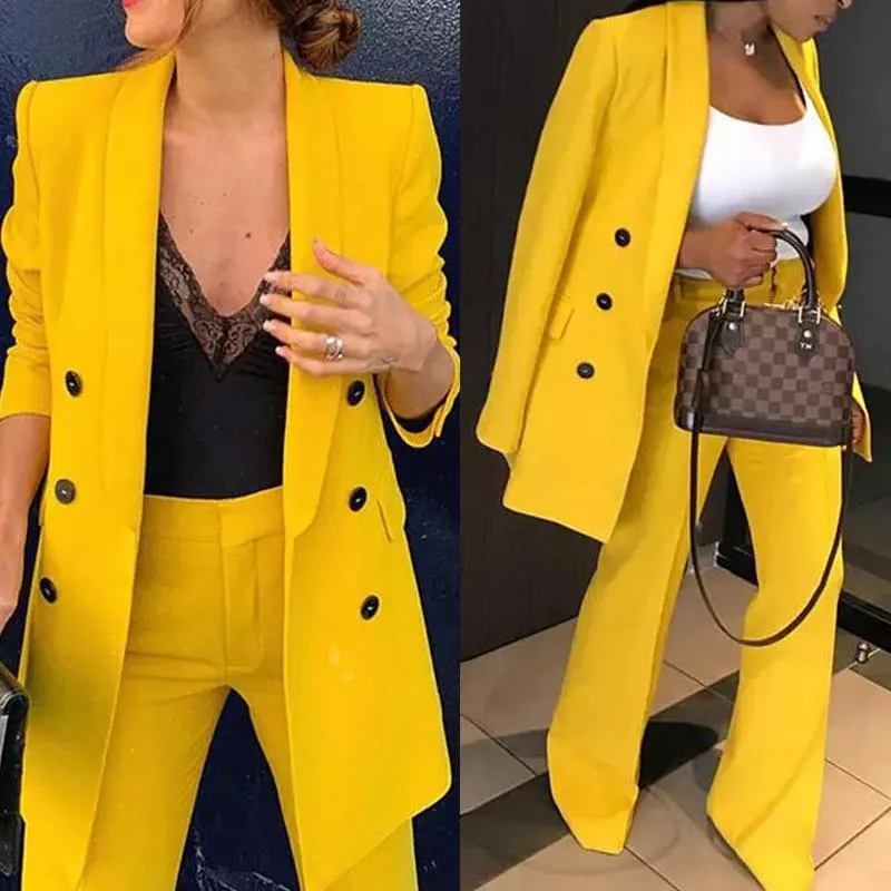 Women's Two Piece Pants Elegant Fashion Women Yellow Suits Shawl Lapel Double Breasted Jacket Flare Custom Made Office Lady Chic BlazerWomen