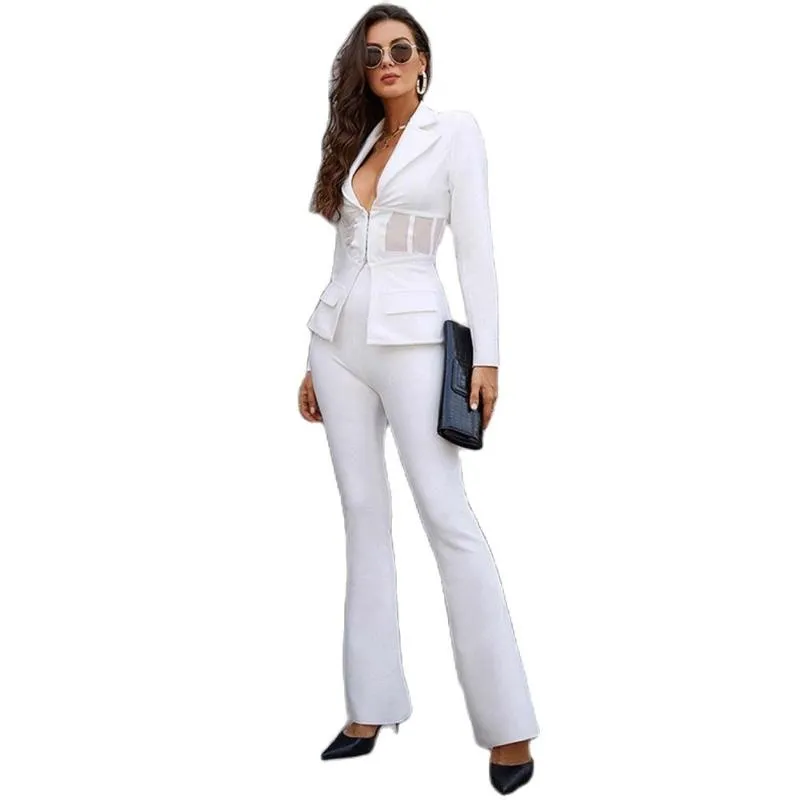 Calças de duas peças femininas Spring 2pc Jaqueta jantar de ponta sofisticada vadia de profundidade, senhoras, mulheres brancas sexy slim fit nitch lapela blazer calças tailore