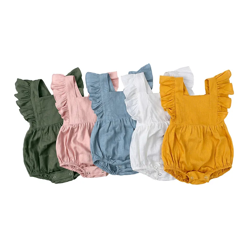 Sommar baby ruffed rompers spädbarn småbarn linne jumpsuits kläder pojkar och flickor ruffle ärmlösa bodysuits en stycke kläder M4156