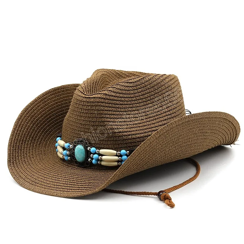 Cappello estivo a tesa larga in paglia per donna Uomo Cappello da cowboy occidentale con fascia solida turchese Cappello da spiaggia in tessuto alla moda da donna