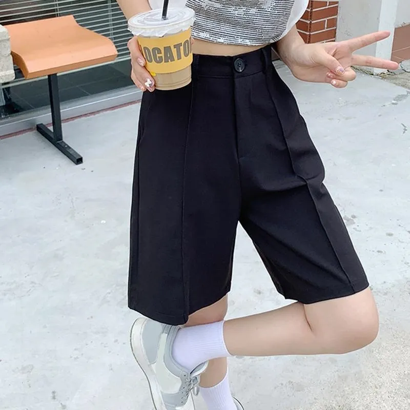 Women's Shorts Lucyever Summer Knee Length Black Women High Waist Button Office Ladies Korean Style Loose Short Pants Woman W220322