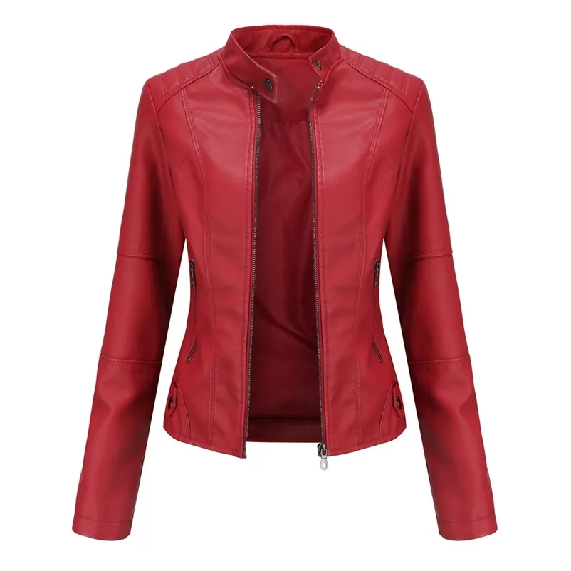 Läderkvinnor Autumn Spring Womens Moto Biker Zipper Jacket Red Black Apricot Coffee Coat Ladies Outerwear Brown 220810