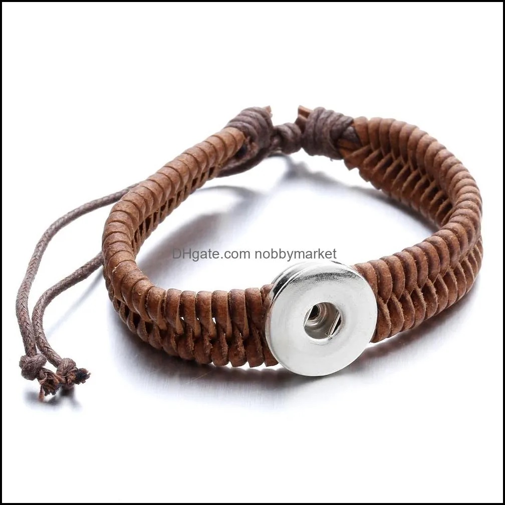 Black Brown Green Woven PU Leather Rope Bracelet fit 18mm Snap Button charms Bracelet Jewelry for women men