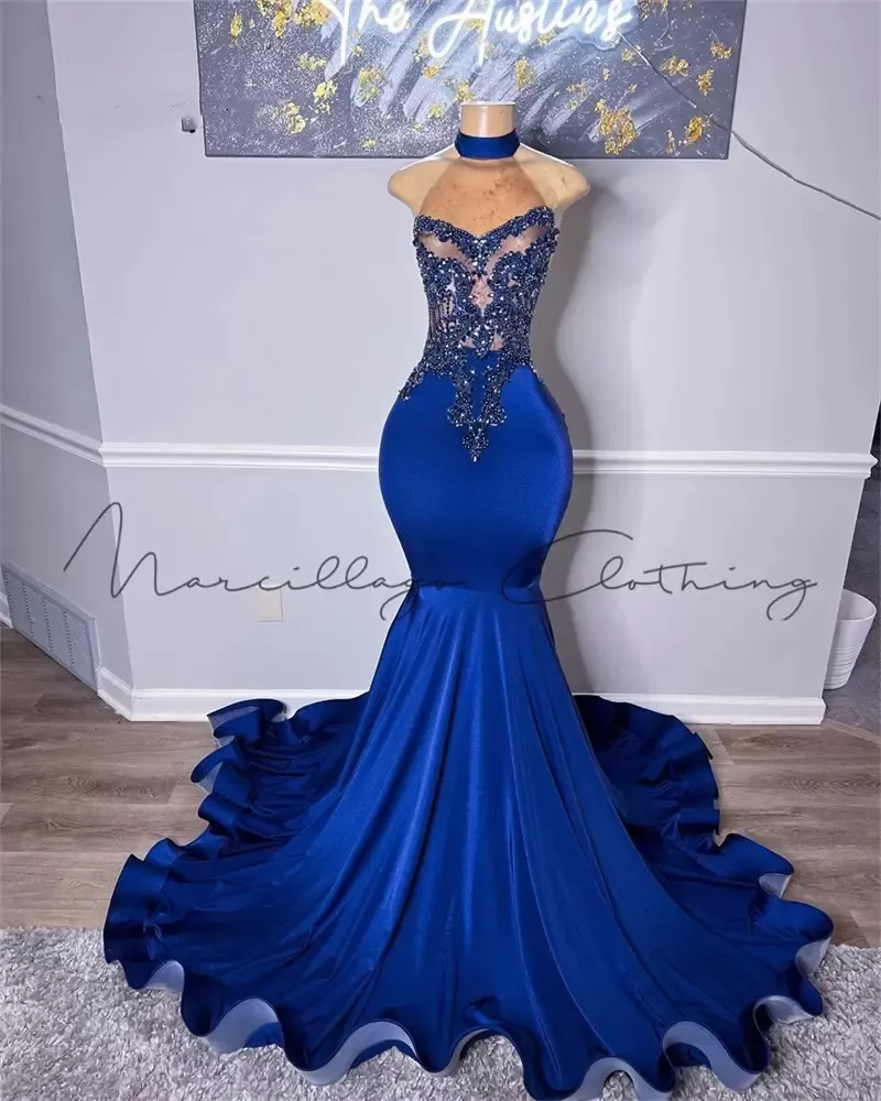 Sexy königsblaues Meerjungfrau-Abschlussballkleid für schwarze Mädchen, Samthalter, Perlen, bodenlang, Aso Ebi, formelles Kleid, Partykleider, Robe De Bal, nach Maß