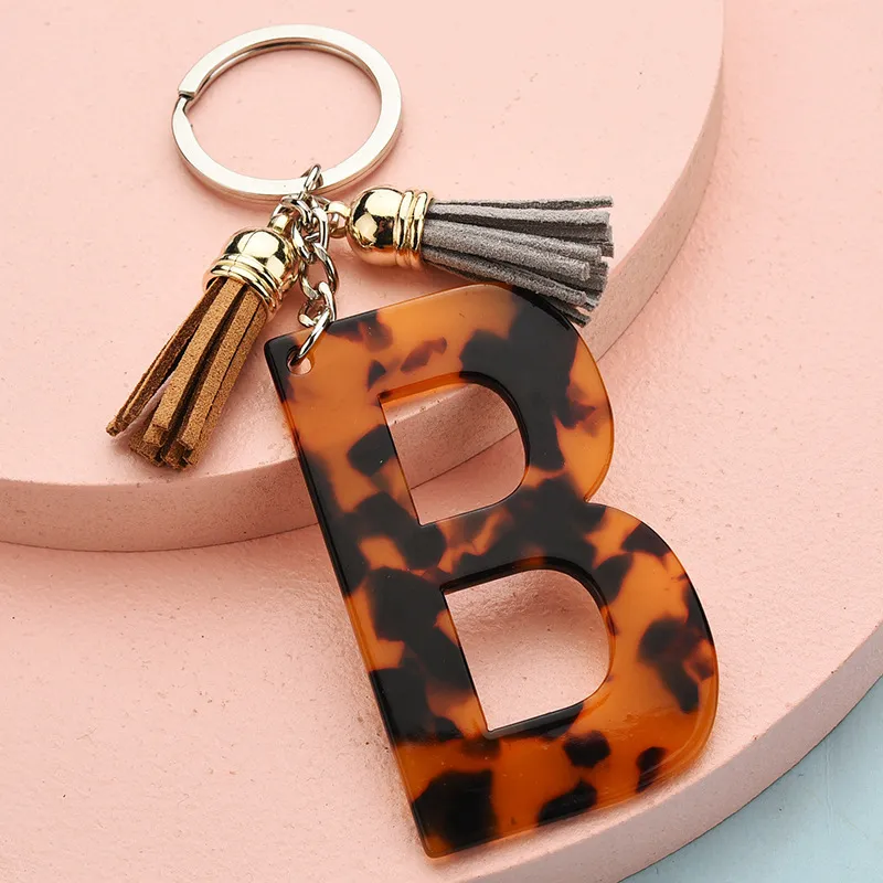 Party Letter Key Chains With Tassel Accessories For Women Cadeau GOUD Initiële sleutelring Acetaat Luipaard Afdrukken Hanglijsten Carssleutels Hangers