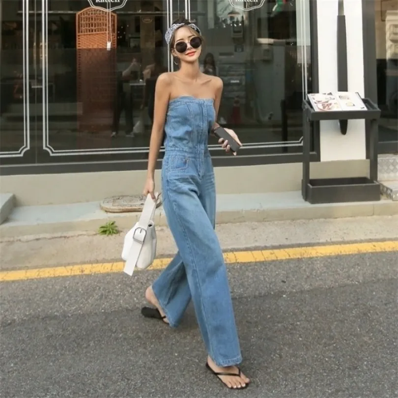 High Waist Jeans Jumpsuit for Women Stylish Denim Wide Leg Pants with Halter Tube Top