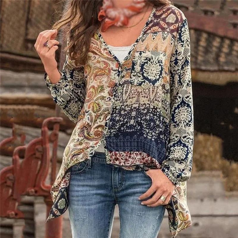 Camicette da donna Camicie Top da donna e maniche lunghe Bohemian Beach Camicia da donna allentata Camicetta Boho Fashion Scollo a V Lady Top BlusasWomen's Wome