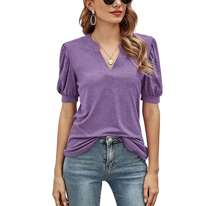 Katoenen oversized t-shirt voor de zomer Casual T-shirt met v-hals effen kleur pofmouwen losse crop top dames dameskleding