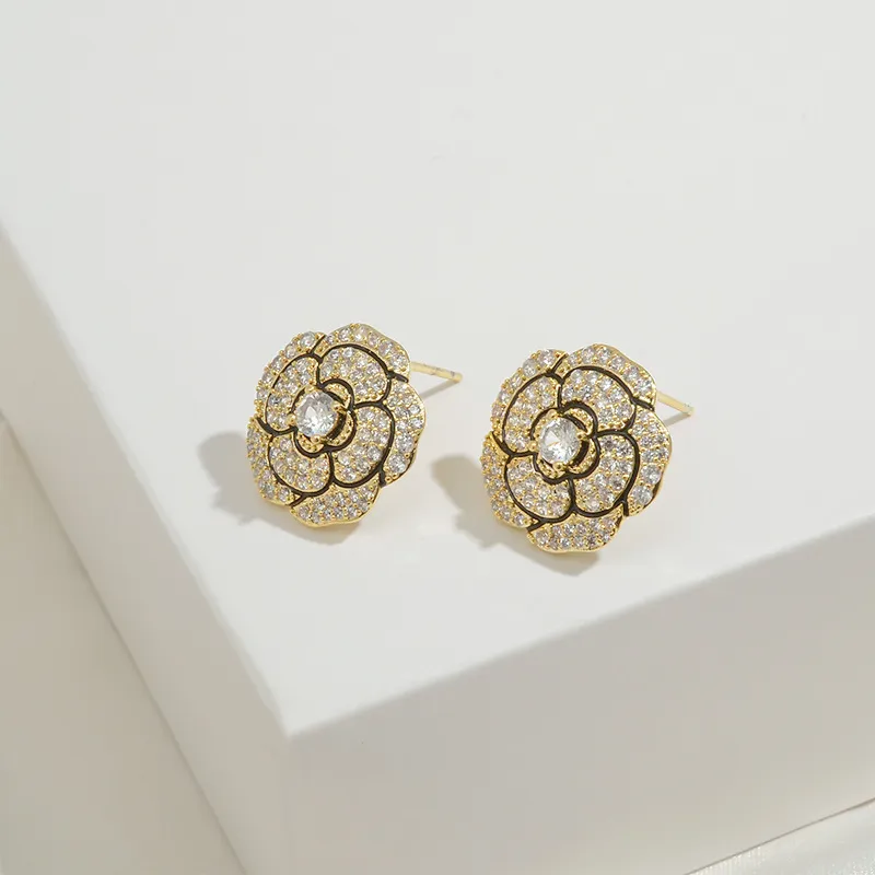 Boucles d'oreilles camélia en argent S925, Design Vintage de luxe, aiguille, bijoux pour femmes, Micro ensemble, plaqué Zircon, or 18 carats, fleur
