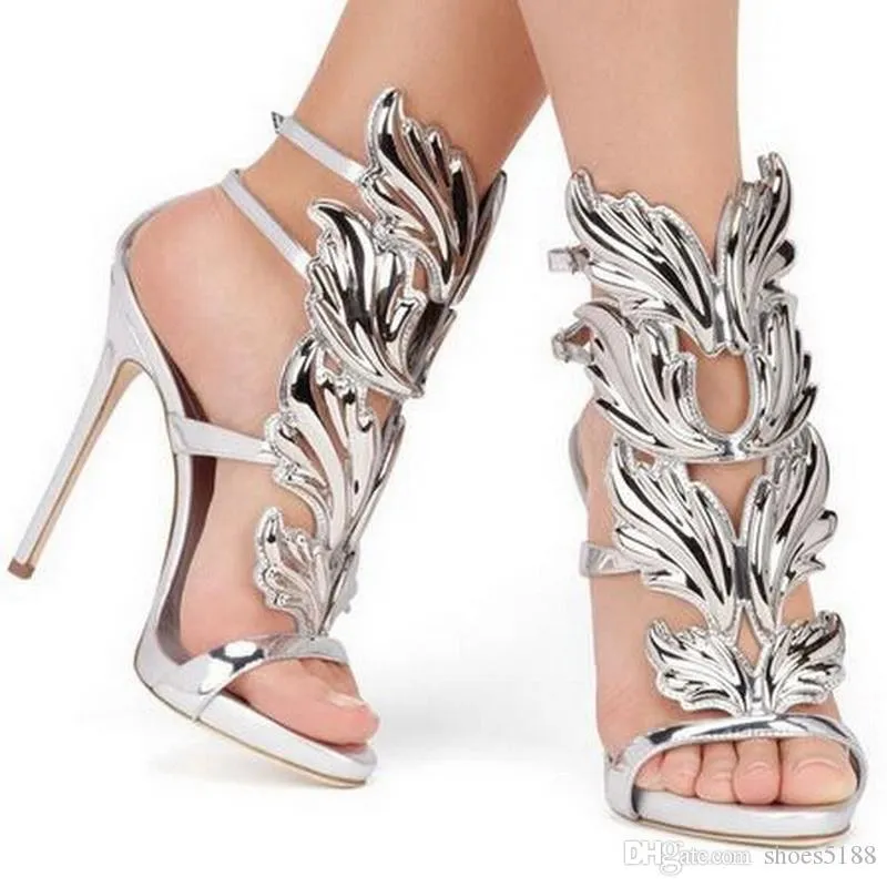 2021 Summer Fashion Women Cruel Summer Pumps Polished Golden Metal Leaf Winged Gladiator Sandals High Heels Shoes With Box