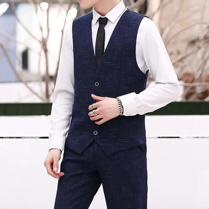 Men s Vests Slim Fit Lattice Single Breasted Non Ironing Treatment Black Work V neck Men Suit Vest Stra22