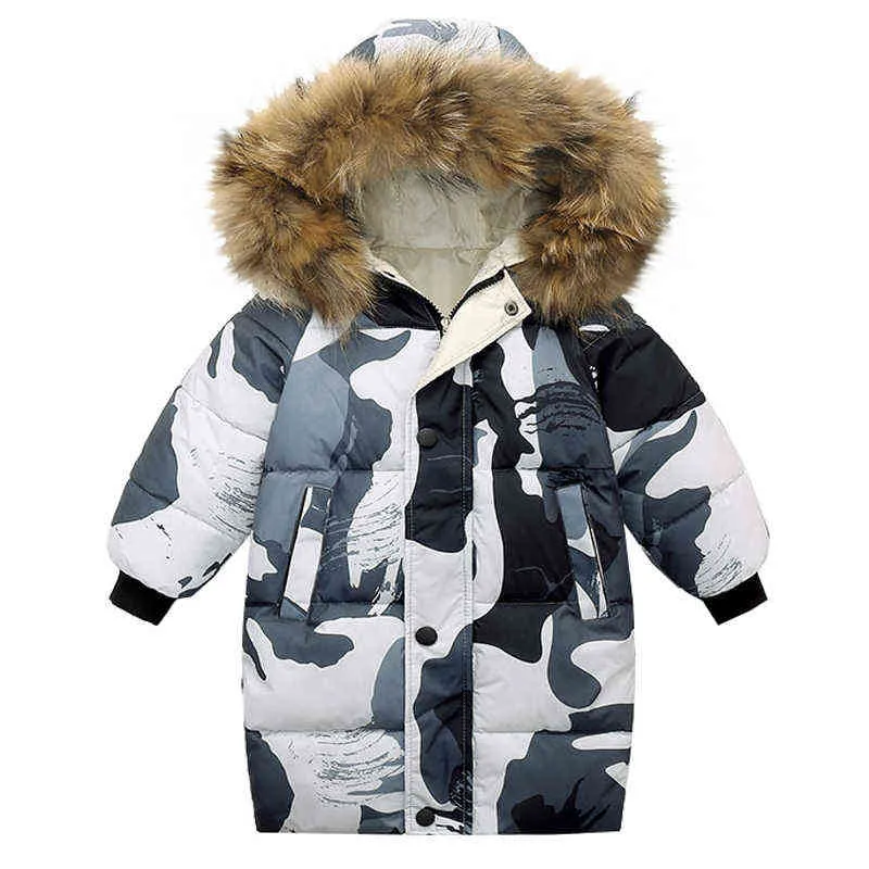 Winter New Children Large Wool Collar Camouflage Down Jacket Boys And Girls Medium And Long Cotton Jacket Thickened Warm Jacket J220718