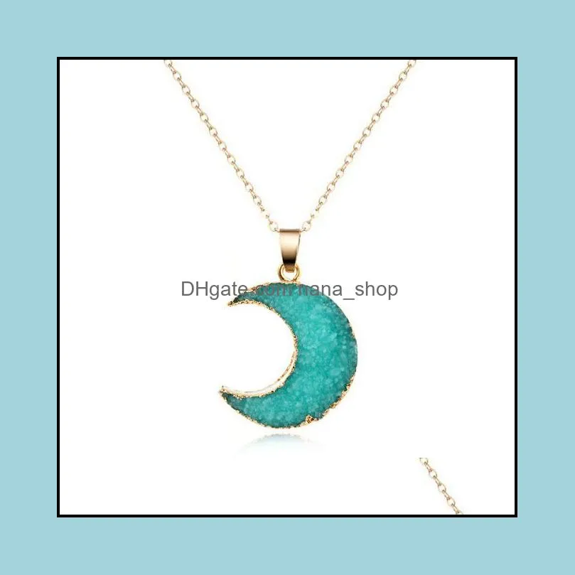 Fashion 5colors Moon druzy drusy necklace gold plated Geometry faux natural stone resin necklace for women jewelry