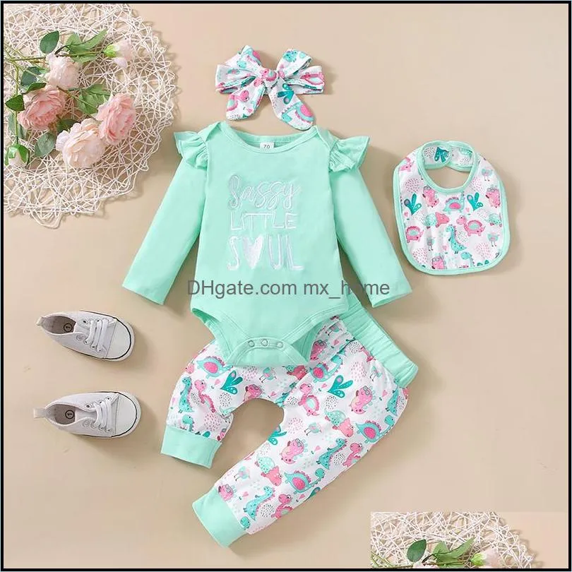 kids clothing sets girls outfits infant bow headband bibs flying sleeve letter tops dinosaur print pants 4pcs/set spring autumn fashion baby clothes