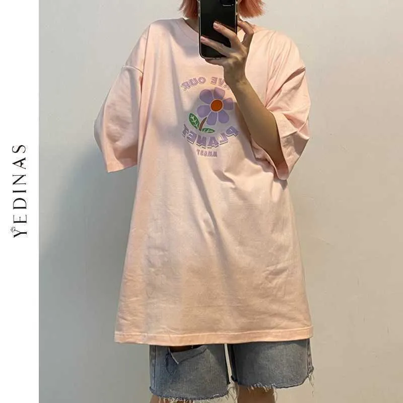 Yedinas Women Sunflower Gedrukt T -shirt Vintage Casual esthetisch shirt Vrouw EE Fashion Chic Koreaanse stijl Oversized 210527