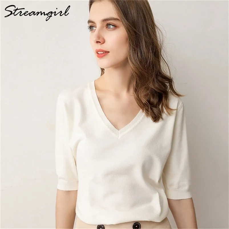 Women s Summer Blouse Plus Size Women Knitted Blouses Short Sleeve Ladies Tops V Neck Women White Blouse Summer Knitted Top LJ200812