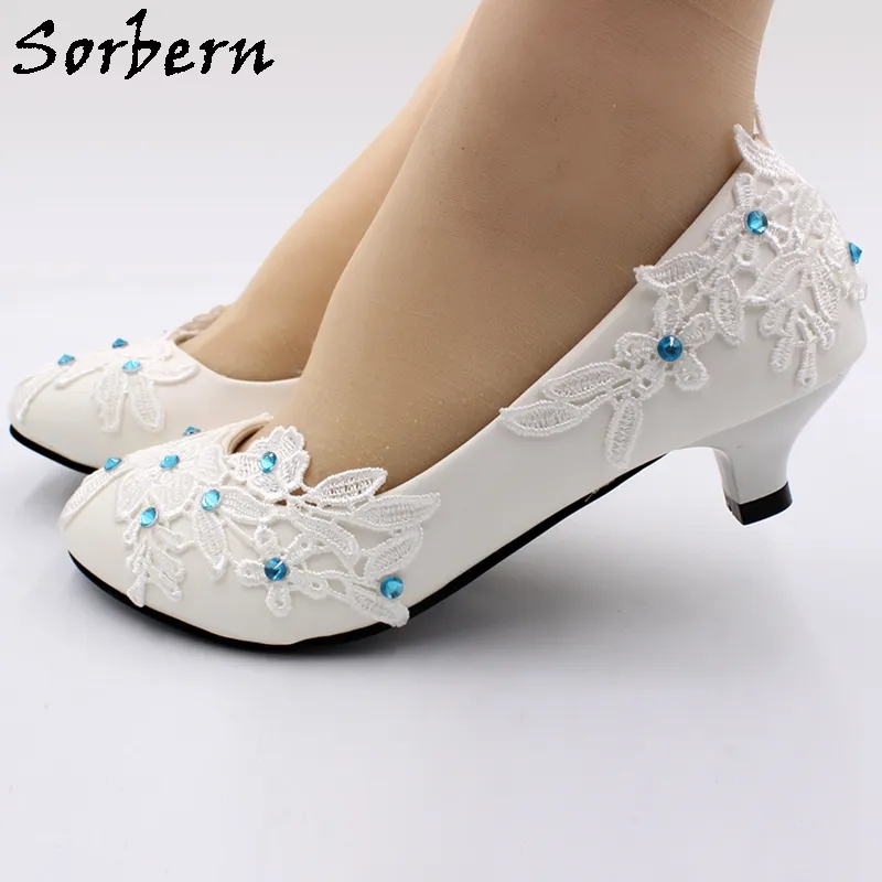 Sorbern Sky Blue Crystal Jurk Schoenen Bruiloft Bloem Applicaties 3cm Kitten Hakken Slip op Bruids Schoen 5 cm 8cm Platte hakken