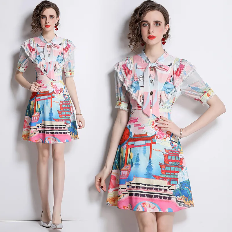 Boutique Girl Printed Short Sleeve Bow Dress 2024 Summer Trendy High end Fashion Women's Ruffle Edge Dress