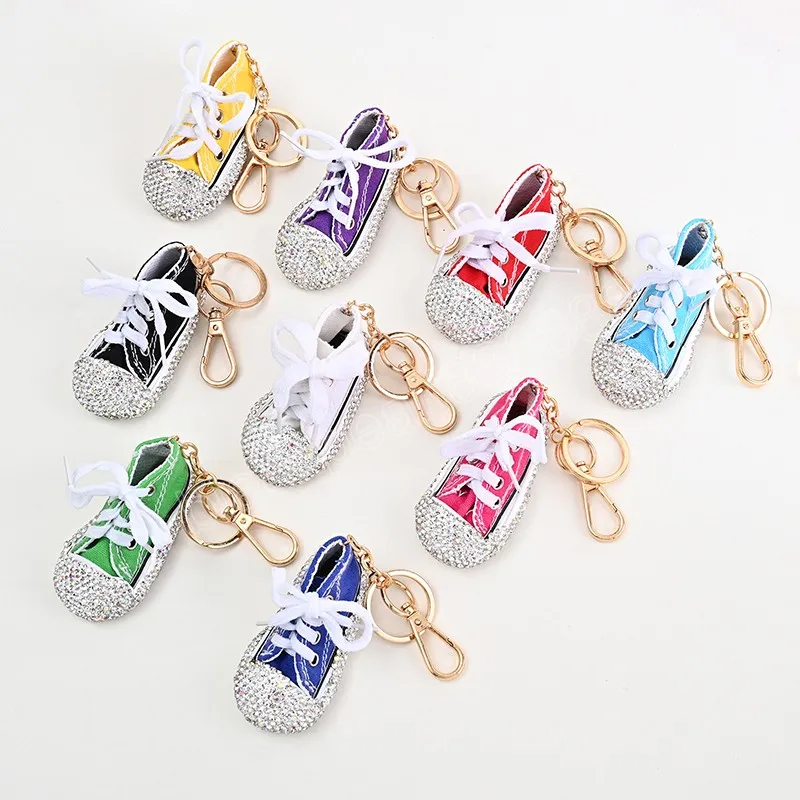 Mode toile strass chaussures porte-clés pour femmes filles dessin animé cristal chaussures de sport porte-clés pendentif porte-clés anneau cadeau drôle