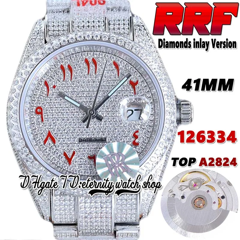 RRF Senaste CF126334 A2824 Automatisk herrklocka TW126331 BF126333 Diamonds Inlay Red Arabic Dial 41mm 904L Steel Iced Out Diamond Armband Super Eternity Watches