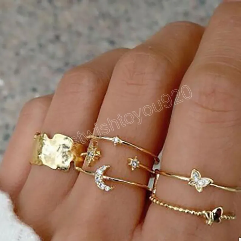 Boho Vintage Golden Crystal Star Moon Pierścień Zestaw Damska Moda Geometryczny Bow Knot Open Round Charm Pierścionki Biżuteria Ślubny Prezent