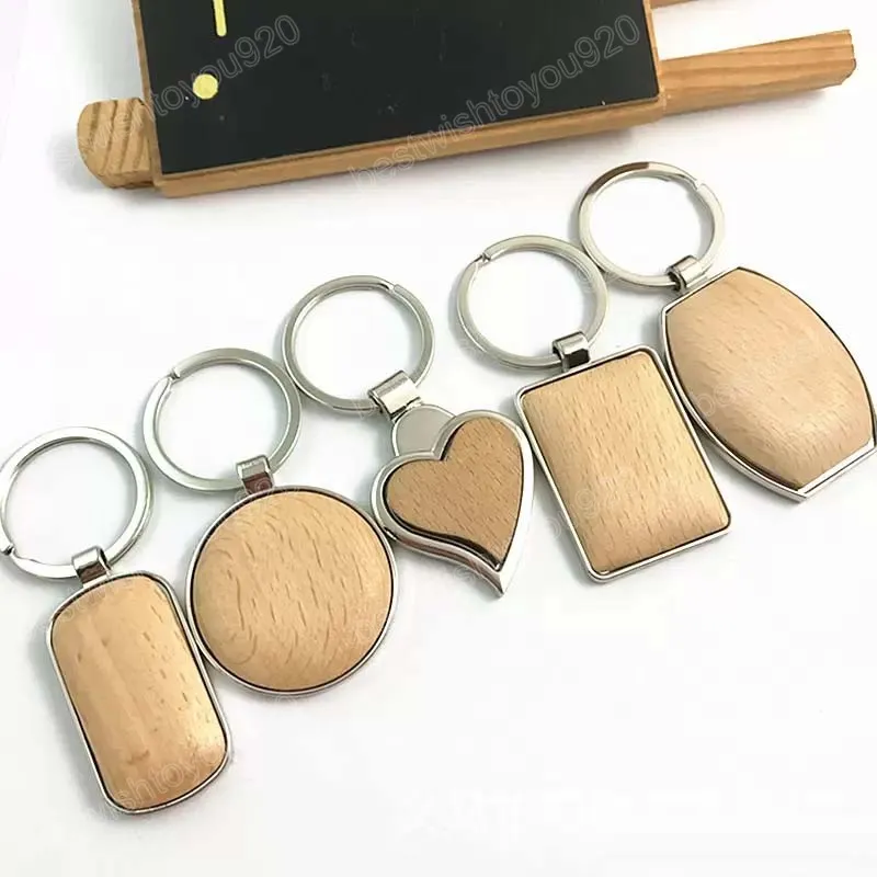 Keychains de madeira de metal anel -chave redondo retângulo de coração simples Diy em branco de madeira chave pendente de moda presentes de moda keyrings