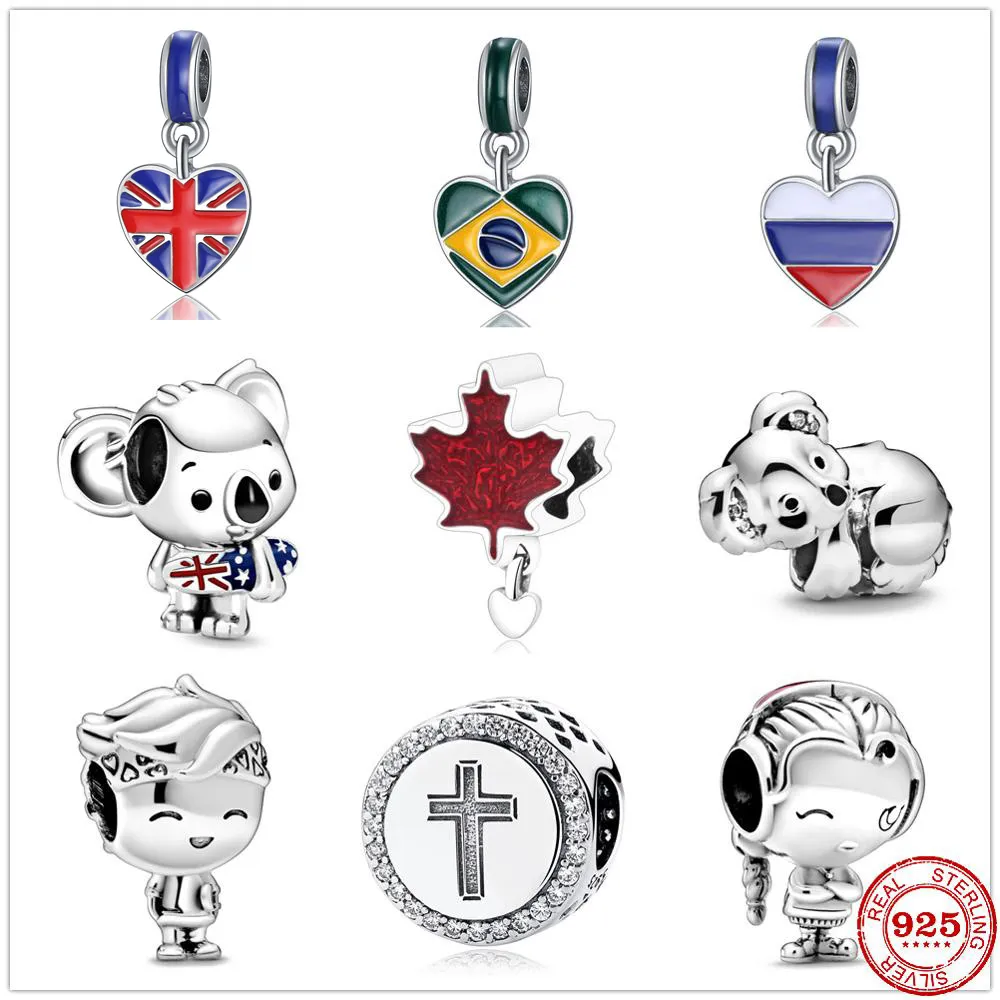 925 Sterling Silver Dangle Charm New United Kingdom Russia Brazil Cross pendant Beads Bead Fit Pandora Charms Bracelet DIY Jewelry Accessories