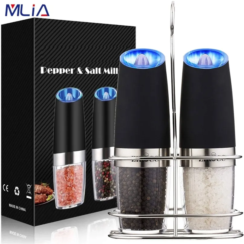 MLIA Set Electric Mill Stainless Steel Automatic Gravity Induction Salt and Pepper Kitchen Spice Grinder Tools 220727