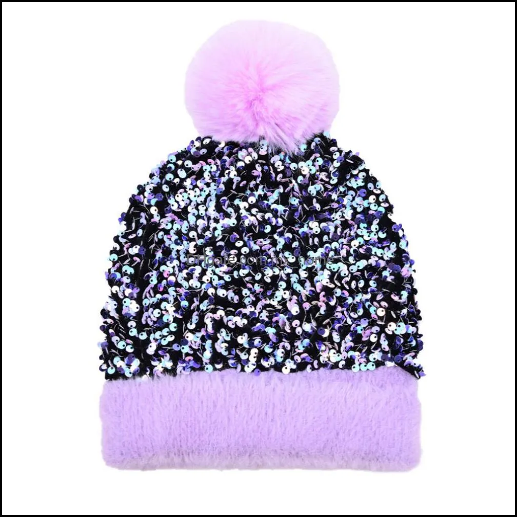 sequins knitted hats pompom removable winter outdoor warm fashion skull caps woolen street windproof stretch crochet ear muff headwear