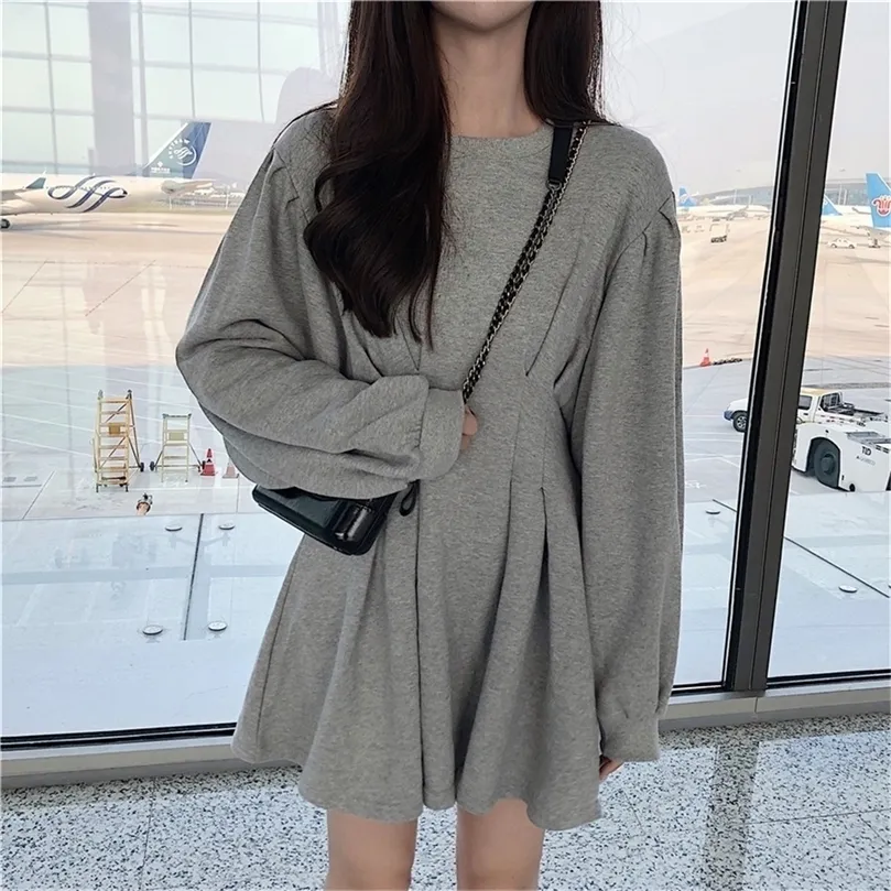 Autumn Arrival Korean Style Waist Slim Fashion Folds Bat Sleeve Student Long Sleeve Dress Female LJ200818