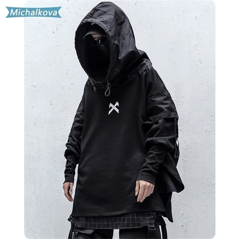 Japonés streetwear hombre sudaderas con capucha hip hop bordado jersey patchwork falso dos darkwear tops techwear sudaderas con capucha michalkova 201127