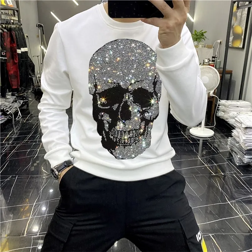 Sudadera con capucha de marca de invierno europea para hombre, sudadera con capucha de moda de diamante y calavera brillante, sudadera informal cálida de lana, sudadera Street Star de gran tamaño 220805