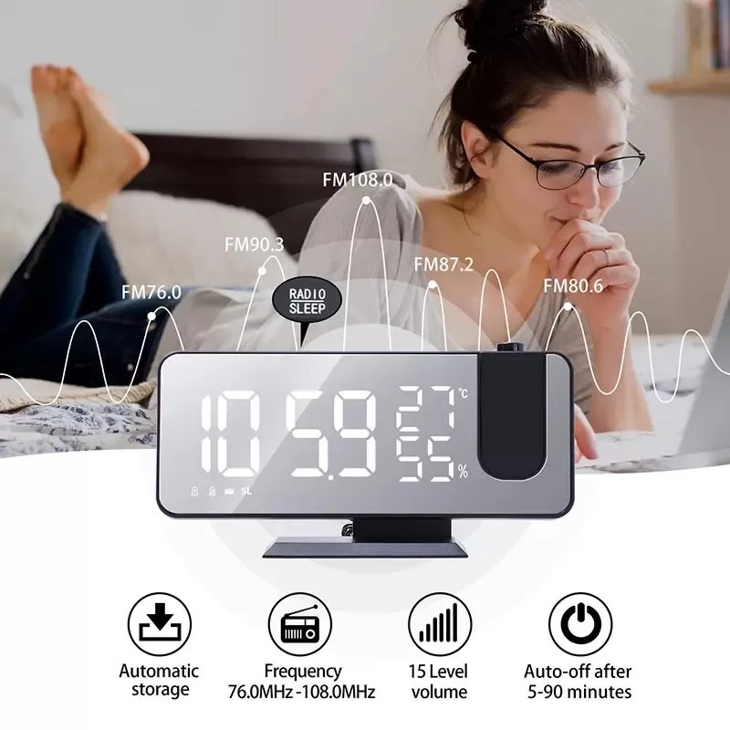 Relógio de mesa de mesa LED Despertador Digital Relógios de 180 ° Projetor FM Rádio Maquiagem Espelho Eletrônico Temporizador Snooze Temperatura Display Home Decoração