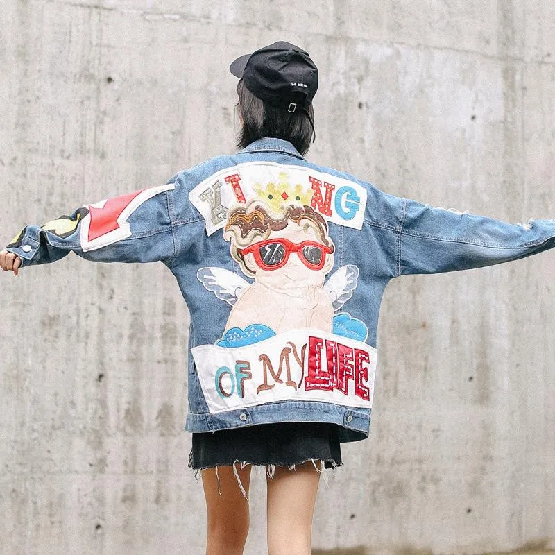 Женские куртки Indie Patch Designs Denim Jacket Женщины отвороты одиночная грудь свободная ковбойская корейская маленькая ангель