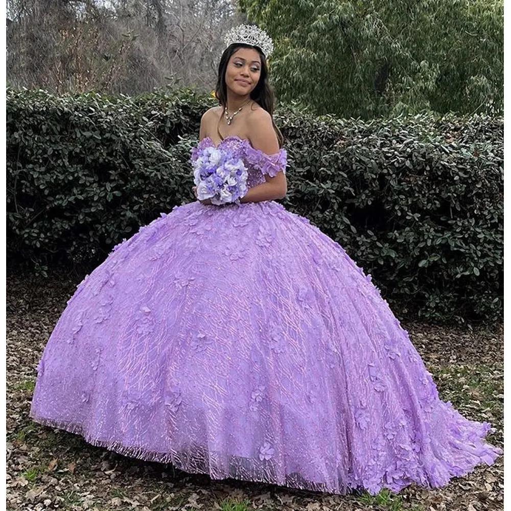 Lavande lilas robes de Quinceanera Puffy 2022 hors épaule corset à lacets appliques paillettes fête bal doux 15 robe de bal à plusieurs niveaux