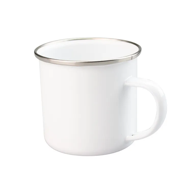 12 oz Sublimation Blancs Émail Tasse Blanc Camping En Plein Air Café Voyage En Acier Inoxydable Tasse avec Silver Rim