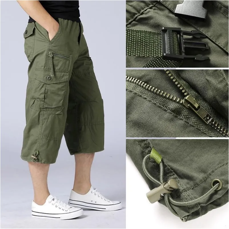 Summer Men s Casual Cotton Cargo Shorts Overalls Long Length Multi Pocket breeches Military Pants Male Tactical Short 220715