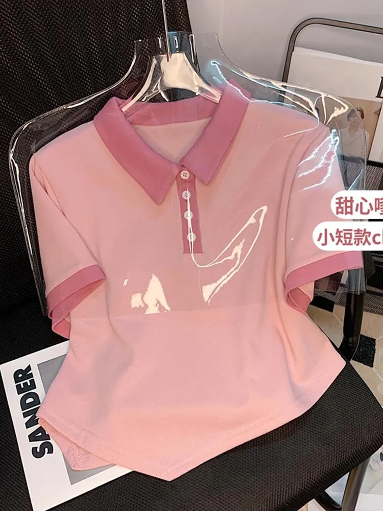Женские поло в закрученные женщины футболки с розовыми панелями летние летние с коротким рукавом простая топ 2022 модная одежда Y2K Девочная девчонка.