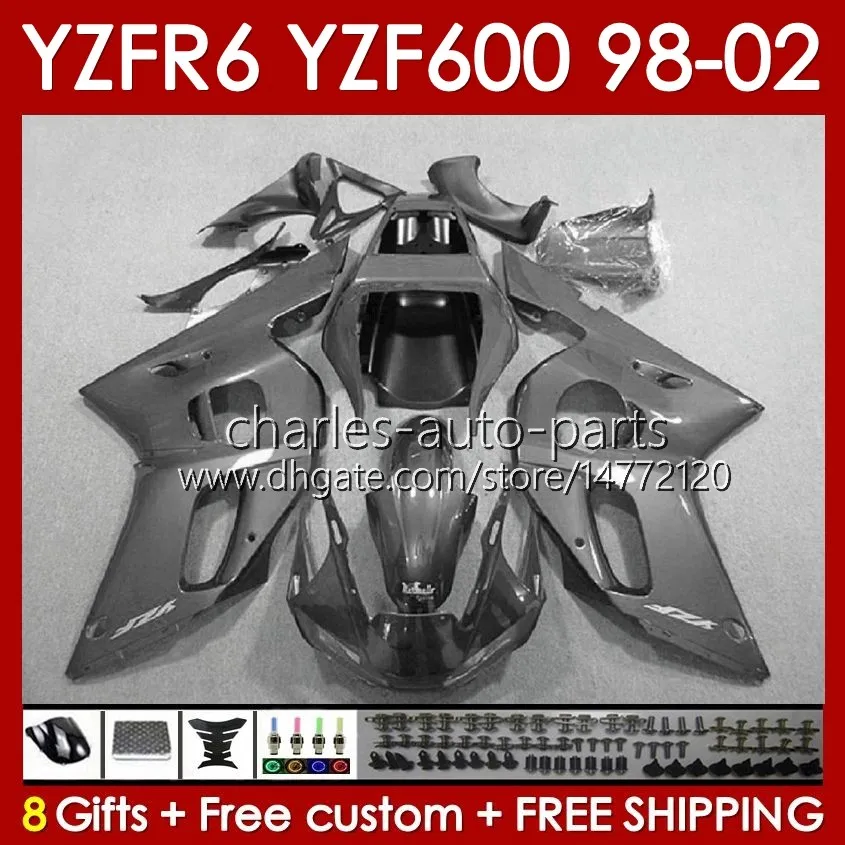 Fairings Kit For YAMAHA YZF 600 CC YZF-600 YZF R6 R 6 98-02 Body 145No.157 YZF600 600CC Cowling YZF-R6 1998 1999 2000 2001 2002 YZFR6 98 99 00 01 02 OEM Bodywork glossy grey