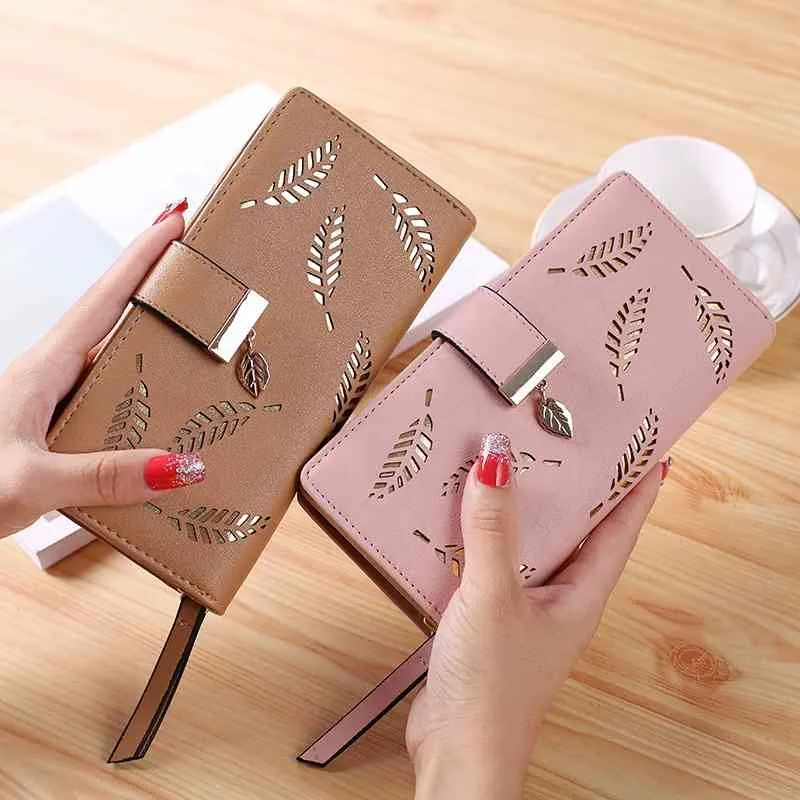 Long fashion Clutch bag Hollowing out Leaf Sequined decorative zipper Hasp leather women clutch wallet