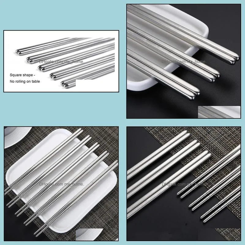 Square Chopsticks Glossy Stainless Steel Non-slip Chopsticks Silver Stainless Steel Dinnerware 150pair 22.5cm Freeshipping DH0203