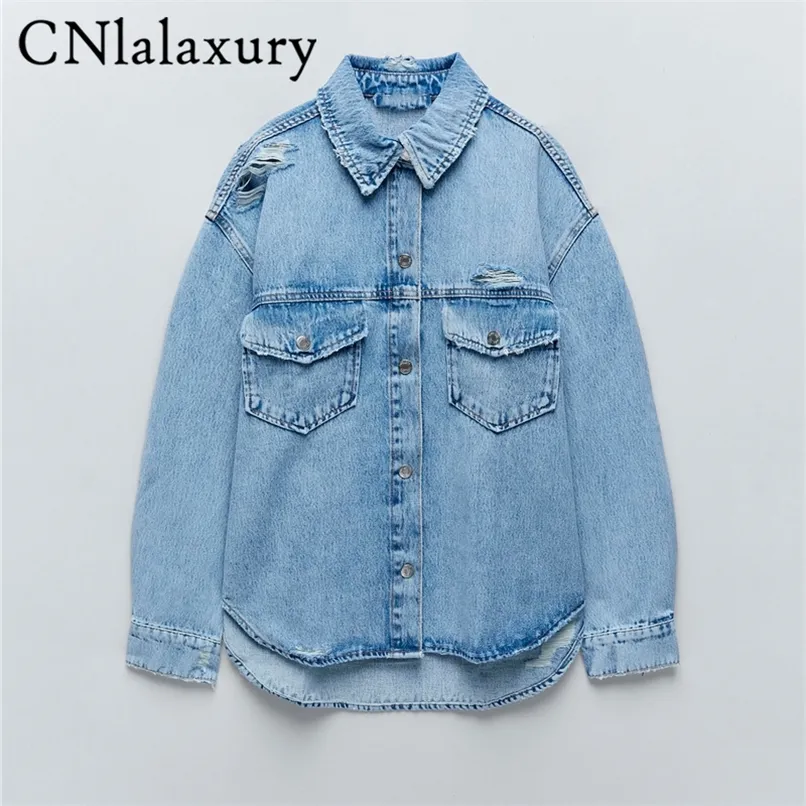CNlalaxury Spring Autumn Women Ripped Denim Cool Jacket Fashion Casual Loose Pocket Buttons Blouses Oversize Shirt Coat 220815