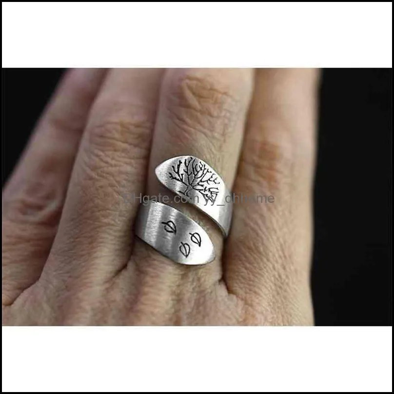 Drawing silver jewelry ringsTechnology Three Leaves Tree of Life Ring