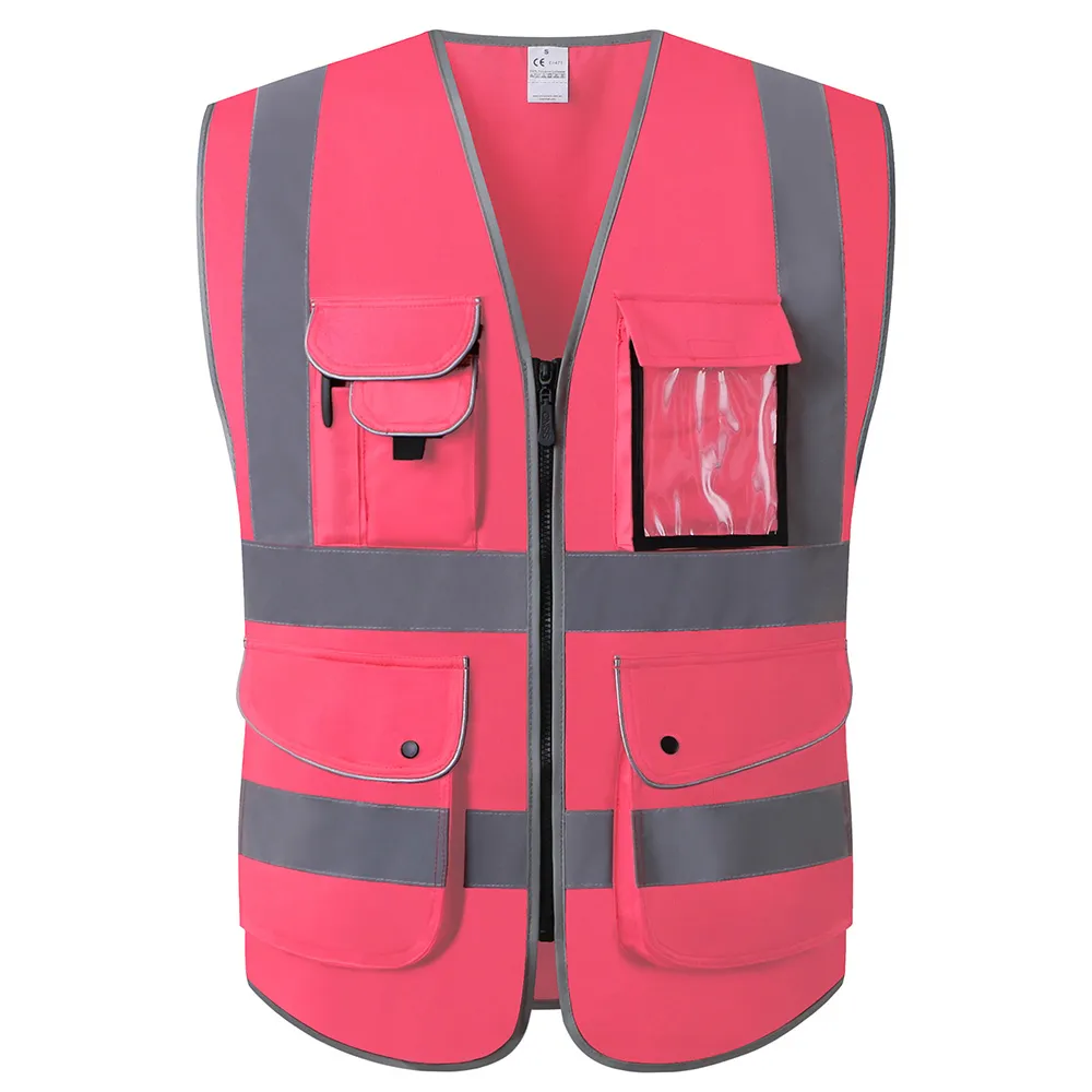 Chaleco reflectante rosa para hombres, ropa de trabajo con muchos  bolsillos, chaleco de seguridad, malla transpirable, Hi Vis